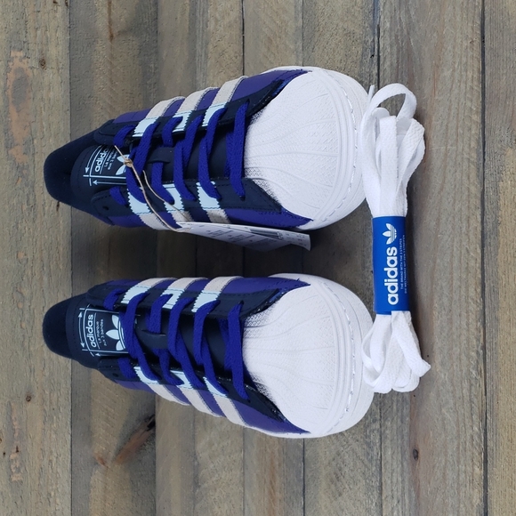 adidas Men's Originals Superstar Retro Leather Shoes Two Laces Legacy Indigo - Picture 5 of 9